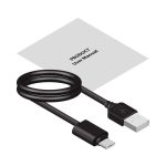 A black USB charging cable with a user manual laid beside it.