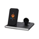 A black magnetic wireless charger with a USB adaptor, featuring a branding logo and a sleek design.