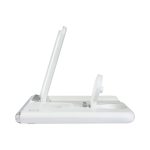 A white Haines 15W 3n1 magnetic wireless charger and USB adaptor with a sleek design and an angled charging stand.