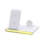 A white magnetic wireless charger with a USB adaptor, featuring a sleek design and yellow accent along the base.