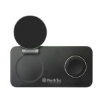 A black 3-in-1 magnetic wireless charging station with a circular and oval charging area, featuring a logo.