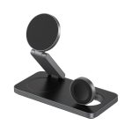 A black 15W 3-in-1 magnetic wireless charging station with multiple charging options and a sleek design.