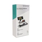 A promotional box for a 3-in-1 magnetic wireless charging station in black and grey, featuring adjustable viewing angles.