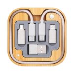 A wireless charger cable kit in grey and white, featuring multiple connector types housed in a bamboo case.