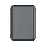 A rectangular grey power bank with rounded edges and a sleek design. It features a branding logo.