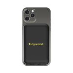 A black Hayward Magnetic Power Bank with a gold logo, designed to fit a smartphone.