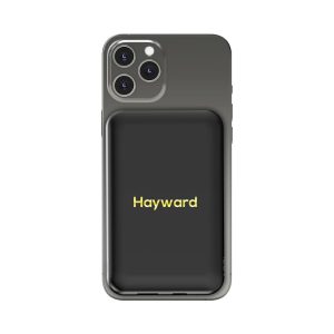 A black Hayward Magnetic Power Bank with a gold logo, designed to fit a smartphone.