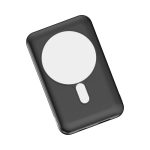 A black magnetic power bank with a circular area on one side, featuring a logo. Capacity of 10,000 mAh.