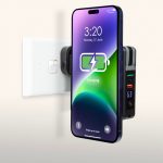 A magnetic travel charger in black with a charging smartphone displayed above, designed for convenience and portability.