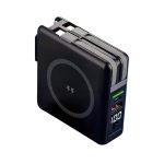 A black portable power bank with a circular design, USB ports, and a battery level indicator. It has a logo design.