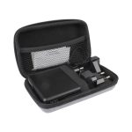 A black power bank and charger in a grey zippered case, featuring a mesh pocket for additional accessories.
