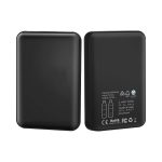 A black eco-friendly power bank with a sleek design, featuring a logo and information on one side.