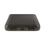 A black power bank with dual USB ports and one Type-C port. It features a smooth surface and a minimalist design.