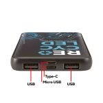 A black power bank with multiple USB ports, featuring a logo and a design related to eco-friendliness.