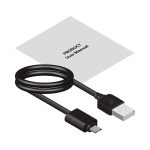 A USB charging cable in black alongside a user manual. The items are arranged with a simple, clean background.