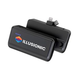 A black power bank with a logo, featuring a built-in connector and LED indicators.