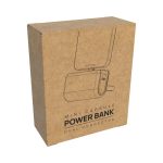 A kraft cardboard box containing a mini capsule power bank with a dual connector, featuring minimalistic outlines and a logo.