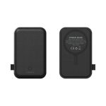 A black power bank featuring a magnetic surface and LED indicator lights, with a branding logo on the back.