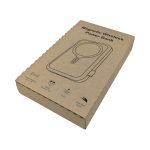 A brown cardboard box containing a magnetic wireless power bank, featuring a simple design and logo.