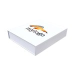A white box with a logo on the surface, featuring a graphic design element and a sleek, modern aesthetic.