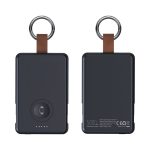 A black magnetic power bank with a leather strap and keyring, featuring a circular charging area and indicator lights.