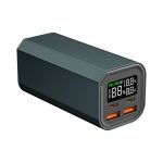 A dark green power bank with multiple USB ports and a digital display for charging devices.