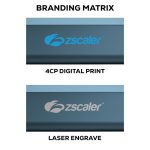 A promotional product featuring a power bank in blue with a logo. Displays branding options for customisation.