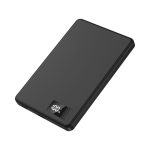 A black power bank with a slim design, featuring a digital display for charge level and a logo.