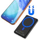 A black MagSafe power bank with a circular design, featuring a logo and a digital display indicating battery level.