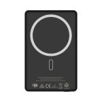 A black MagSafe power bank with a capacity of 5000 mAh, featuring a circular charging area and a branding logo.