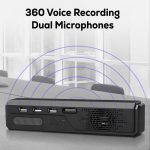 A black omnidirectional speaker phone with dual microphones and multiple USB ports, featuring soundwave graphics.