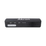 A black Akron omnidirectional speaker phone with USB ports and control buttons. It features a simple, modern design.