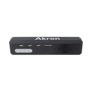 A black Akron omnidirectional speaker phone with USB ports and control buttons. It features a simple, modern design.