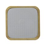 A square bamboo wireless speaker featuring a white mesh front and a natural bamboo frame. It has a logo.