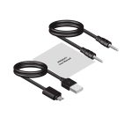 A collection of cables including a USB cable, an audio cable, and a user manual, all in black.