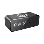 A black wireless charging speaker featuring a digital clock display and a speaker grille. It has a logo on the front.