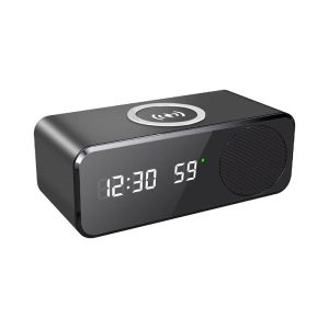 A black wireless charging speaker featuring a digital clock display and a speaker grille. It has a logo on the front.
