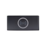 A black wireless charging speaker with a circular logo in the centre, featuring a minimalist design.