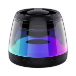 A Bluetooth speaker stand in black with a transparent casing featuring vibrant RGB LED lights.
