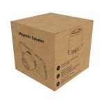 A cardboard box containing a magnetic Bluetooth speaker with a simple design and an accompanying branding logo.