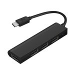 A black USB hub with one Type-C connector and three USB-A ports, featuring a simple and sleek design.