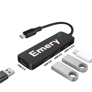 A black USB hub with USB Type-C and USB Type-A ports, featuring the "Emery" logo.