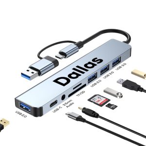A silver USB hub features multiple ports, including Type-C, Type-A, and card slots, with a logo.