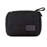A black eco accessory pouch with a zip closure and a small branding patch. Suitable for toiletries and accessories.