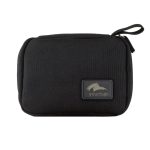 A black eco accessory pouch featuring a logo, ideal for toiletries and small items.