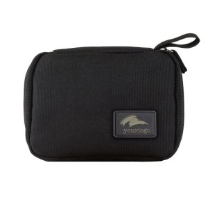 A black eco accessory pouch featuring a logo, ideal for toiletries and small items.