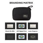 A black eco accessory pouch with a branding area, featuring a zip closure and a logo patch.