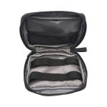 A black eco accessory pouch with a zippered opening, featuring elastic straps inside for organisation.