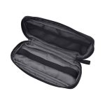 A black eco accessory pouch with a zippered closure and grey interior, featuring elastic straps and mesh pockets.