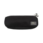 A black eco accessory pouch with a zipper and a branded logo on the side.